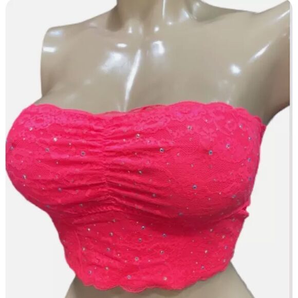 Victorias Secret Pink Bling Stones Strapless Ruched Lace Bralette bra neon pink - Picture 2 of 3